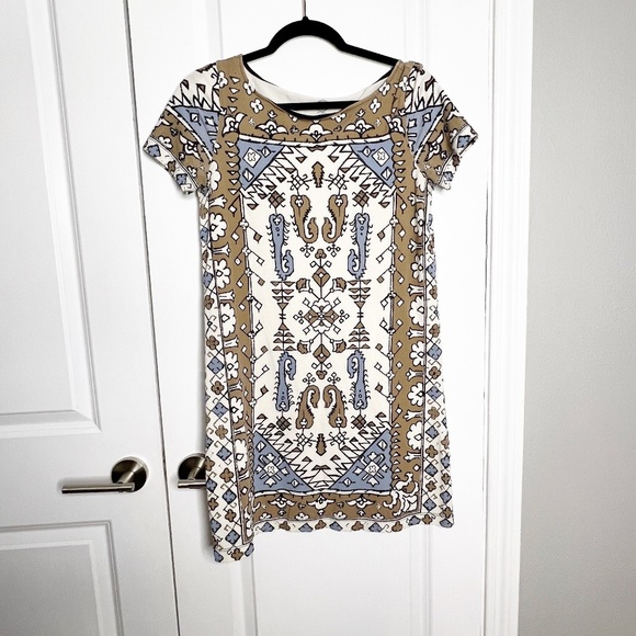 TORY BURCH Pima Cotton Bohemian Ikat Dress Wheat Lisbon Size S Blue White - Picture 5 of 8